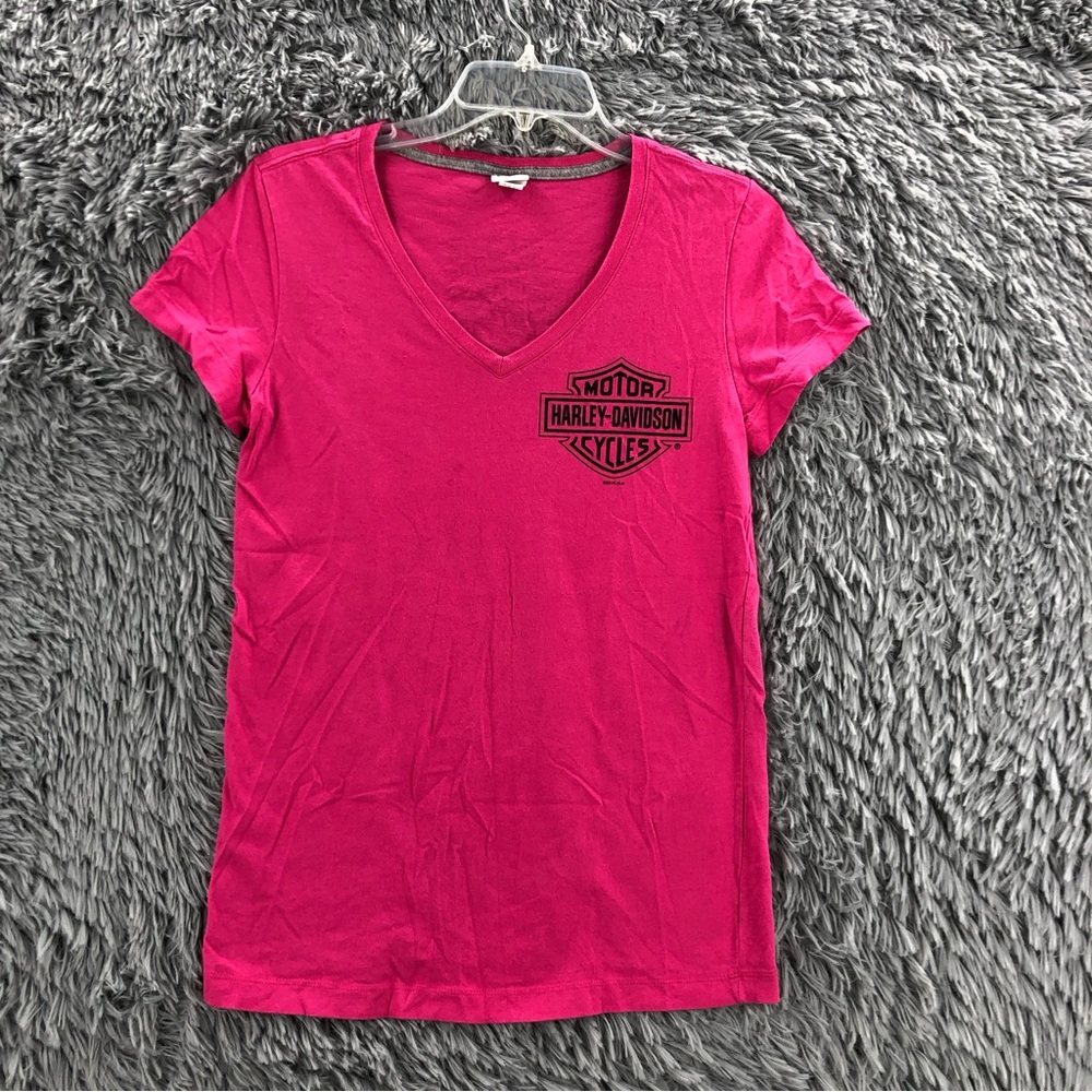Harley Davidson Tshirt Womens Small Vneck Pink Spellout Shirt